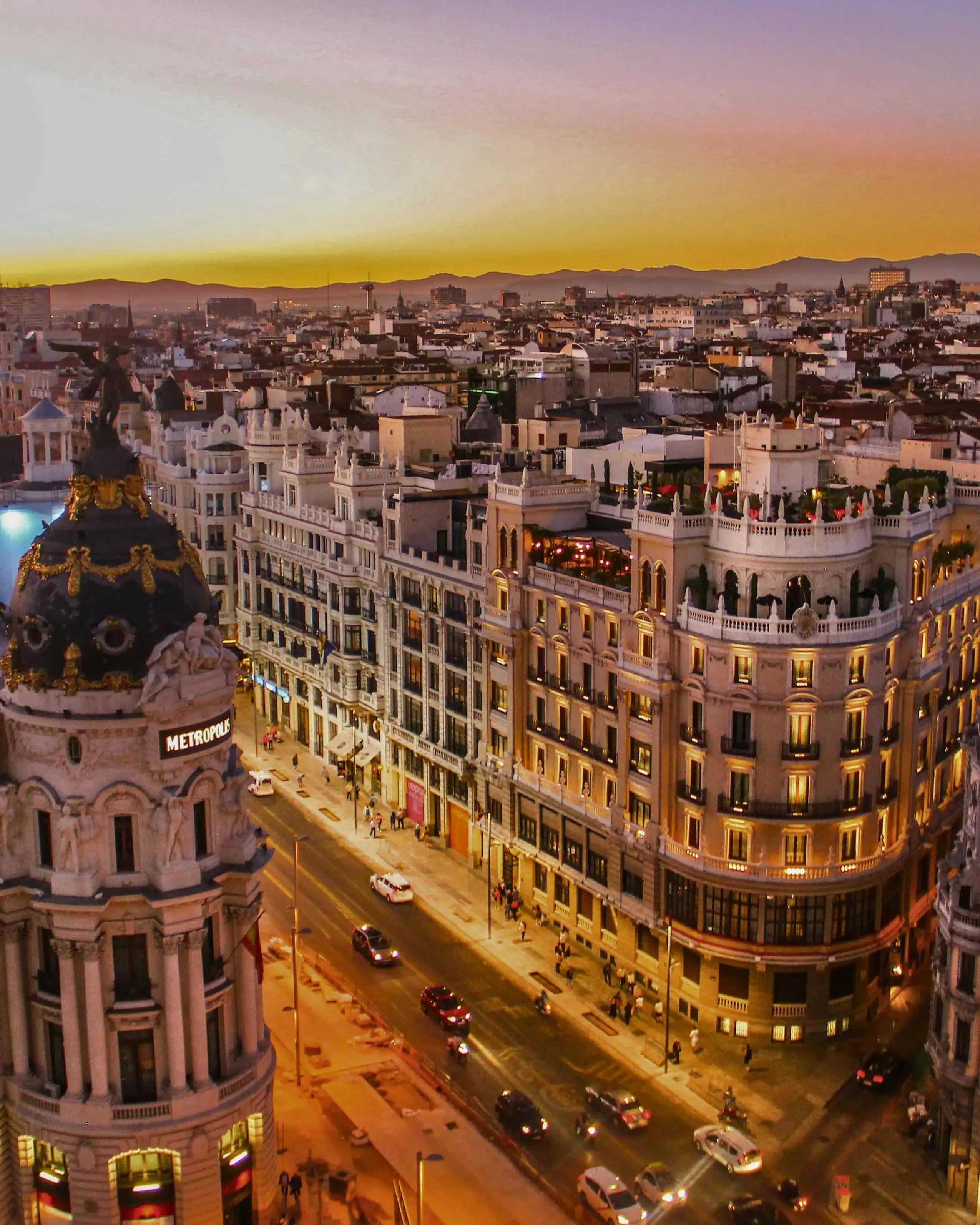 Sunset view of Gran Via in Madrid